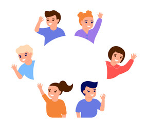 Happy kids waving hands hello, stand in border circle copy space. Smiling children greeting, welcome or goodbye gesture. Friends, elementary school students, kindergarten boys and girls. Vector