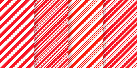 Candy cane striped pattern. Seamless Christmas red background. Vector. Peppermint wrapping texture. Set cute caramel package prints. Xmas holiday diagonal lines. Abstract geometric illustration.