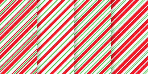Candy cane seamless pattern. Christmas striped background. Vector. Red green peppermint wrapping texture. Xmas holiday diagonal stripes. Set of cute caramel package prints. Geometric illustration.