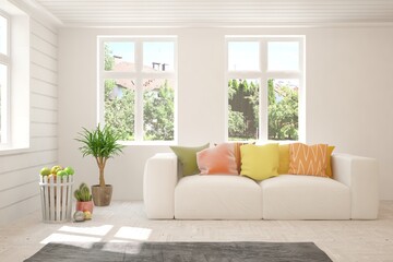 White living room with sofa and summer landscape in window. Scandinavian interior design. 3D illustration