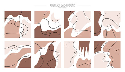 A set of various abstract backgrounds. Hand-drawn various shapes and doodle objects. Modern trendy vector illustration. Each background is isolated. Pastel shades. For bloggers and Instagram