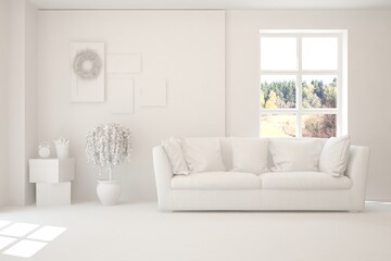 White minimalist living room with sofa. Scandinavian interior design. 3D illustration
