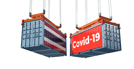 Container with Coronavirus Covid-19 text on the side and container with Thailand Flag. Concept of international trade spreading the Corona virus. 3D Rendering 