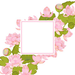 Vector lotus flower with leaves frame, pink tender template. Hand drawn illustration. Floral oriental spring background