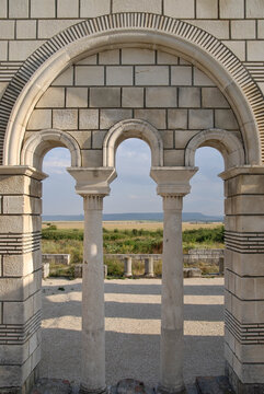 Partially reconstructed walls of the Great Basilica in Pliska, Bulgaria