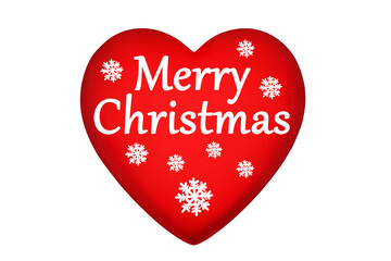 Red heart, Merry Christmas text, snowflakes pattern on white background isolated close up, Happy New Year & winter holidays banner, xmas celebration symbol, greeting card design, festive decoration