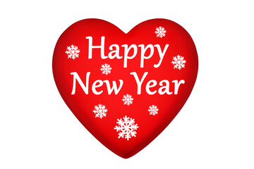 Red heart, Happy New Year text, snowflakes pattern on white background isolated close up, Merry Christmas & winter holidays banner, xmas celebration symbol, greeting card design, festive decoration