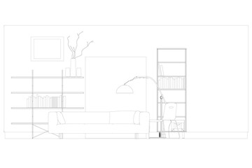 The outline of the interior of the living room. Front view. Vector illustration