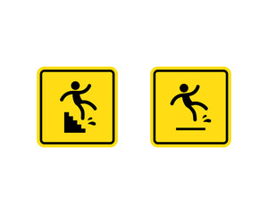 Caution symbols with stick figure man falling. Wet floor, tripping on stairs, fall down from ladder and over the egde. Vector on isolated white background. EPS 10