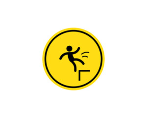 Caution, possible fall from height. Attention is dangerous. Warning sign. Security measures. Yellow round with a black image. Vector on isolated white background. EPS 10