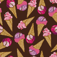 Pink ice cream cones seamless pattern on brown background