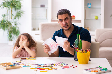 Drunk father and little girl indoors