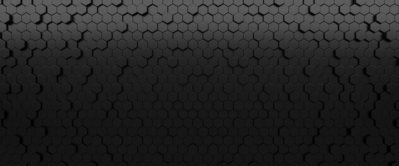 Black hexagons abstract geometric background, 3d illustration