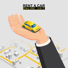 Car sharing isometric. Hand hold yellow car with city map route