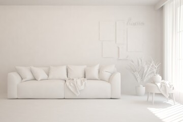 White minimalist living room with sofa. Scandinavian interior design. 3D illustration