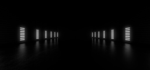 Dark hall with bright white neon lights on a black background. 3d rendering image.