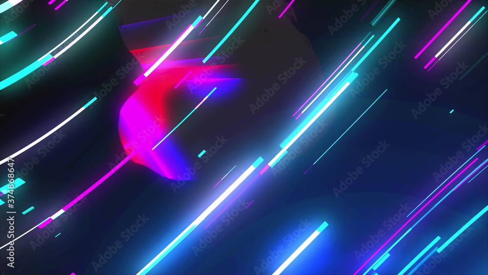 Poster neon composition with bright shapes like neon tunnel is in the dark space, 3d rendering computer gen