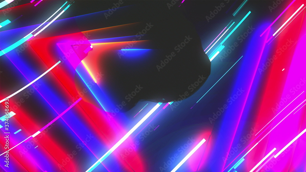 Poster neon composition with bright shapes like neon tunnel is in the dark space, 3d rendering computer gen