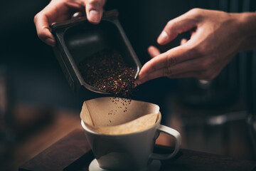 concept of coffee drip filter process with coffeemaker, vintage style cafe
