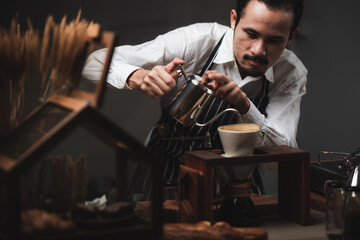 concept of coffee drip filter process with coffeemaker, vintage style cafe