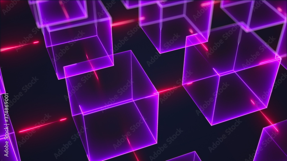 Poster connection structure of many neon cubes. computer generated abstract isometric background, 3d render