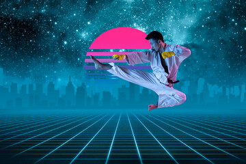 Martial arts. Beautiful background, synth wave and retro wave, vaporwave futuristic aesthetics. Ultraviolet, sportsman in glowing neon style. Stylish flyer for ad, offer, bright colors and city view.