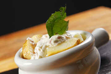 Pumpkin mousse with roasted vegetables, steamed red rice, and baked potatoes with cream and ham.
