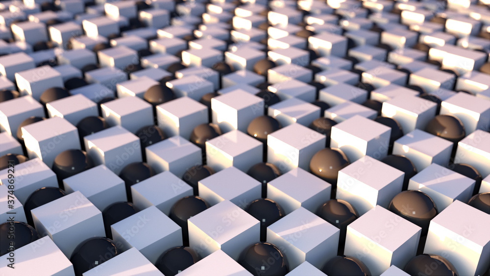 Poster 3d rendering isometric backdrop. wavy surface of cubes and balls arranged in a checkerboard design, 