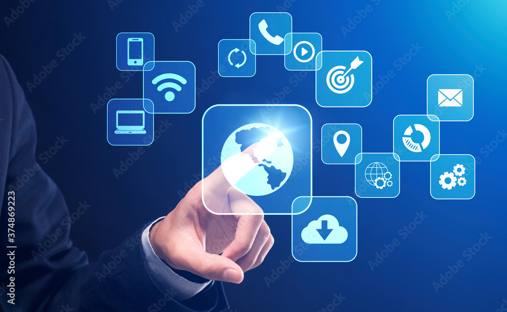 Poster Business Technologies. Businessman pushing button on digital screen interface with various icons