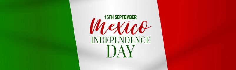 Mexico Independence Day banner. 16 September national holiday. Green, white, and red Mexican flag. Lettering in Spanish. Vector illustration.