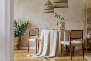 Stylish and elegant dining room interior with diner table, design chairs, rattan pendant lamps, dried flowers in vases, furniture, decoration and elegant personal accessories in cozy home decor.