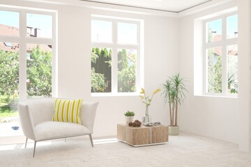 White living room with armchair and green landscape in window. Scandinavian interior design. 3D illustration