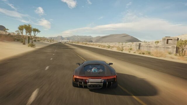 Fake 3D video game without hud. Cyber race gameplay running across the desert