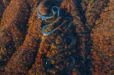 Beautiful curvy street on the Nikko mountain, Japan. Aerial view
