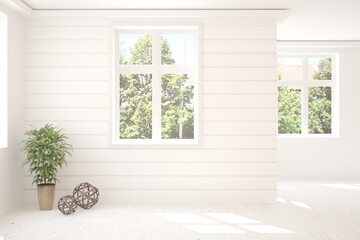 White empty room with summer landscape in window. Scandinavian interior design. 3D illustration