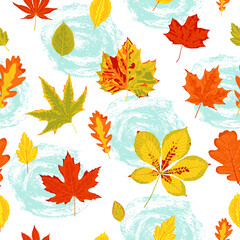 Vector seamless pattern with bright autumn leaves with ink stains.