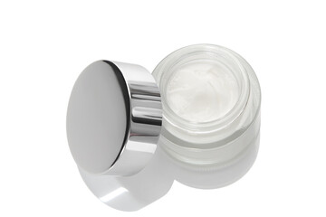 Cream bottle cosmetic glass beauty product for face cate and body healthy natural facial luxury makeup white background.