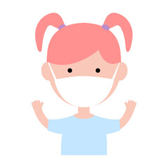 Cute little girl wearing in protective medical mask. Cartoon happy girl vector illustration isolated on white.