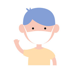 Cute little boy wearing in protective medical mask. Cartoon happy boy vector illustration isolated on white.