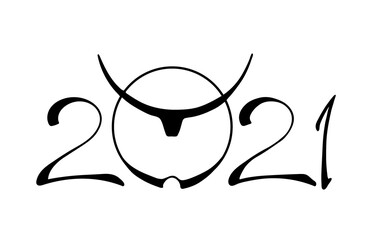 Vector drawing of a bull with a red sunrise, with big horns, linear drawing in retro style, Chinese Happy New Year 2021. logo, poster with the symbol of 2021 bull, buffalo, cow. Lunar horoscope sign.