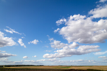 Fototapeta premium Rural countryside landscape with wide sky and clouds on it.