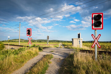 Railway crossing with gravel road in Burgenland