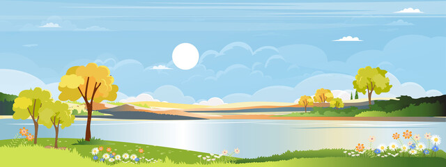 Panorama landscape of spring village by the river with green meadow on hills with bluesky, Vector Summer or Spring landscape, Panoramic countryside by the lake with sunset in evening.