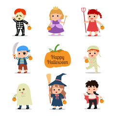 Kids wearing costumes for school party celebration. Cute boy and girl clip art. Flat vector illustration isolated in white background.
