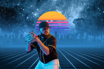 Baseball man. Beautiful background, synth wave and retro wave, vaporwave futuristic aesthetics. Ultraviolet, sportsman in glowing neon. Stylish flyer for ad, offer, bright colors and city view.