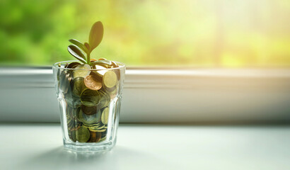 money tree growing out of coin jar on sunny window sill - savings, investment and retirement fund...