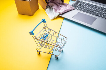 Laptop and shopping cart, female online shopping concept