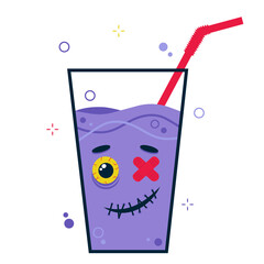 Halloween party cocktail with scary cute character face. Drink with a straw. Cartoon illustration isolated on white background.