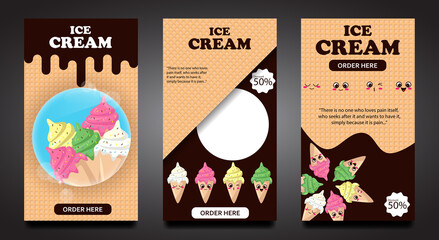 Instagram template set and standing banner for ice cream complete with wafers, ice cream characters, emoticons, chocolates, and meses (templates for business).