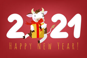 Happy New Year. 2021. New Year 2021. The inscription of the year with a bull instead of a zero spotted bull with a gift. Vector illustration for congratulations, calendar, banner for the site.